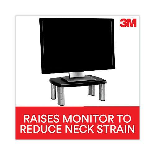 3M Adjustable Height Monitor Stand, 15" x 12" x 2.63" to 5.78", Black/Silver, Supports 80 lbs (MS80B)