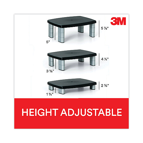 3M Adjustable Height Monitor Stand, 15" x 12" x 2.63" to 5.78", Black/Silver, Supports 80 lbs (MS80B)