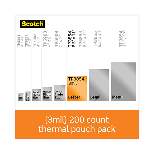 Scotch Laminating Pouches, 3 mil, 9" x 11.5", Gloss Clear, 200/Pack (TP3854200)