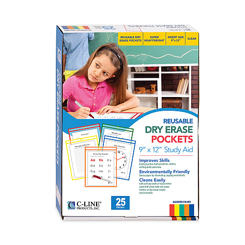 C-Line Reusable Dry Erase Pockets, 9 x 12, Assorted Primary Colors, 25/Box (40620)