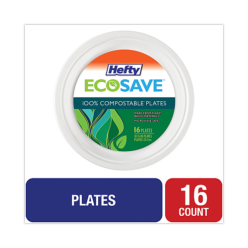 Hefty ECOSAVE Tableware, Plate, Bagasse, 10.13" dia, White, 16/Pack (D71016PK)