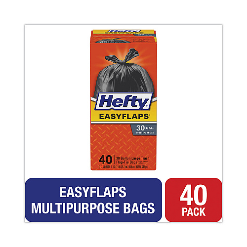 Hefty Easy Flaps Trash Bags, Tie-Flap, 30 gal, 1.05 mil, 30" x 33", Black, 40/Box (E27744)