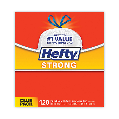 Hefty Strong Tall Kitchen Drawstring Bags, 13 gal, 24" x 27.75", White, 120/Box (E84562)