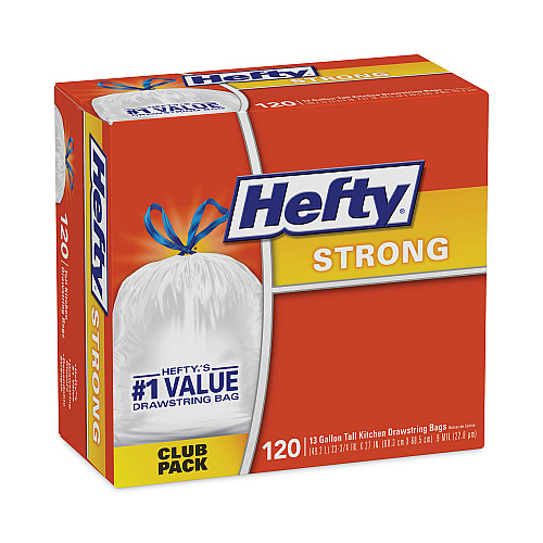 Hefty Strong Tall Kitchen Drawstring Bags, 13 gal, 24" x 27.75", White, 120/Box (E84562)