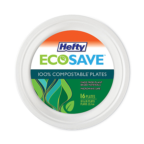 Hefty ECOSAVE Tableware, Plate, Bagasse, 10.13" dia, White, 16/Pack, 12 Packs/Carton (D71016)