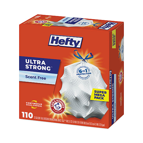 Hefty Ultra Strong Tall Kitchen Trash Bags, Drawstring, 13 gal, 23.75" x 24.88", White, 110 Bags/Box, 3 Boxes/Carton (E88368CT)
