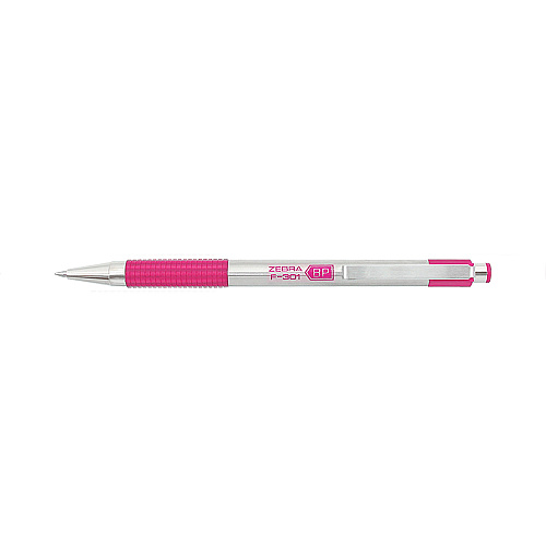Zebra F-301 Ballpoint Pen, Retractable, Fine 0.7 mm, Black Ink, Stainless Steel/Pink Barrel (37111)