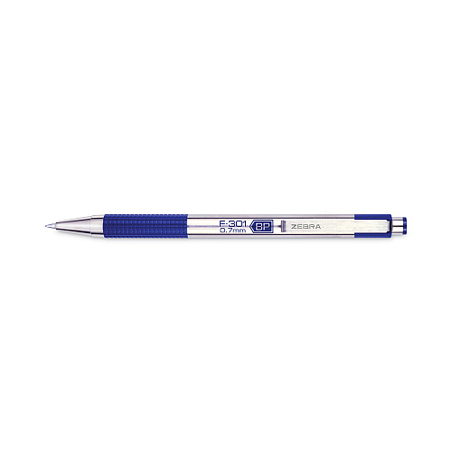 Zebra F-301 Ballpoint Pen, Retractable, Fine 0.7 mm, Blue Ink, Stainless Steel/Blue Barrel (27120)