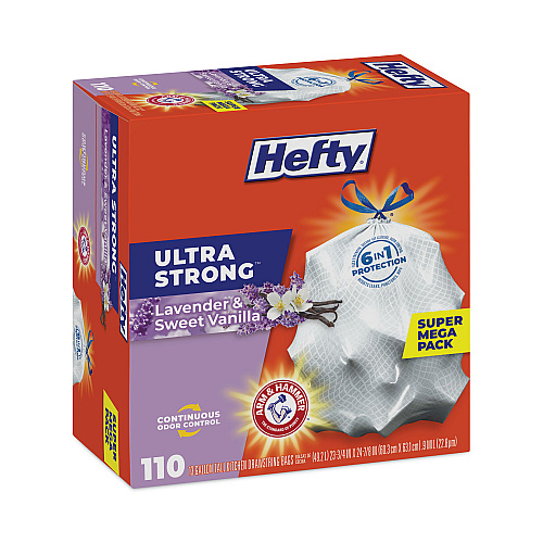 Hefty Extra Heavy-Duty Ultra Strong Scented Tall Kitchen Bags, Drawstring, 13 gal, Lavender/Vanilla, 23.75 x 24.88, White, 110/Box (E88366)