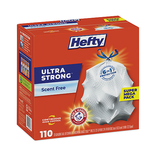 Hefty Ultra Strong Tall Kitchen Trash Bags, Drawstring, 13 gal, 23.75" x 24.88", White, 110 Bags/Box, 3 Boxes/Carton (E88368CT)