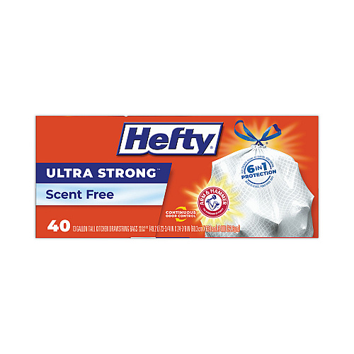 Hefty Extra Heavy-Duty Ultra Strong Tall Kitchen Trash Bags, Drawstring, 13 gal, 23.75" x 24.88", White, 40 Bags/Box, 6 Boxes/CT (E88338CT)