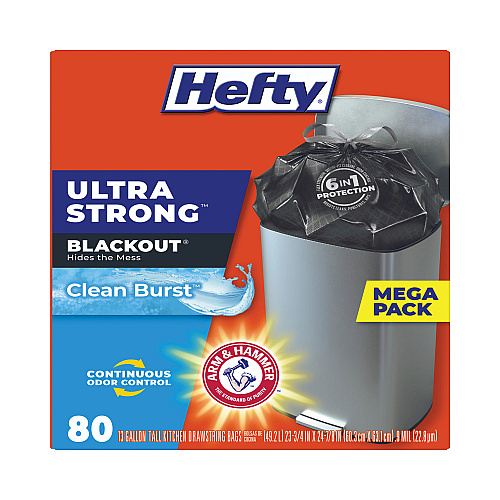 Hefty Ultra Strong BlackOut Tall-Kitchen Drawstring Bags, 13 gal, 23.75" x 24.88", Black, 80 Bags/Box, 3 Boxes/Carton (E88352CT)
