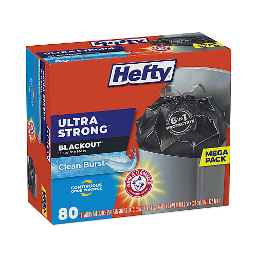 Hefty Ultra Strong BlackOut Tall-Kitchen Drawstring Bags, 13 gal, 23.75" x 24.88", Black, 80 Bags/Box, 3 Boxes/Carton (E88352CT)