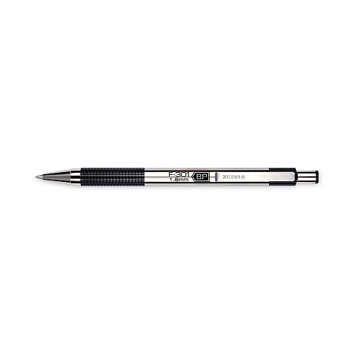 Zebra F-301 Ballpoint Pen, Retractable, Bold 1.6 mm, Black Ink, Stainless Steel/Black Barrel, 2/Pack (27312)