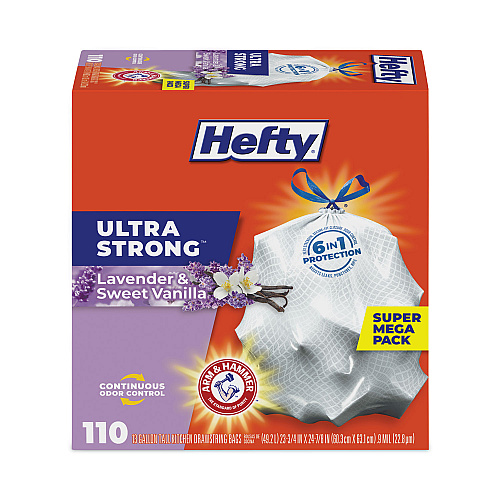 Hefty Extra Heavy-Duty Ultra Strong Scented Tall Kitchen Bags, Drawstring, 13 gal, Lavender/Vanilla, 23.75 x 24.88, White, 110/Box (E88366)
