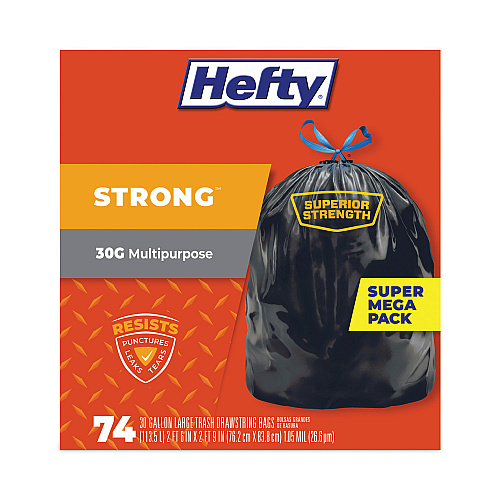 Hefty Strong Multipurpose Drawstring Trash Bags, 30 gal, 1.1 mil, 30" x 33", Black, 74 Bags/Box, 3 Boxes/Carton (E85274CT)
