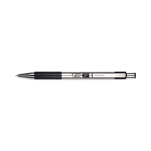 Zebra F-301 Ballpoint Pen, Retractable, Bold 1.6 mm, Black Ink, Stainless Steel/Black Barrel, 12/Pack (27310)