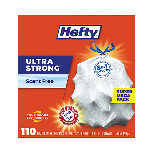 Hefty Ultra Strong Tall Kitchen Trash Bags, Drawstring, 13 gal, 23.75" x 24.88", White, 110 Bags/Box, 3 Boxes/Carton (E88368CT)