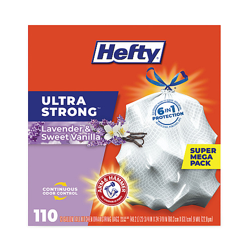 Hefty Ultra Strong Scented Tall Kitchen Bags, Drawstring, 13 gal, Lavender/Vanilla, 23.75" x 24.88", White, 110/Box, 3 Boxes/Carton (E88366CT)