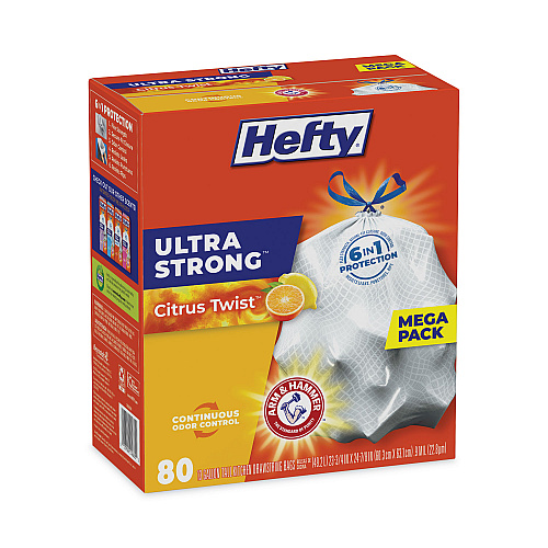 Hefty Extra Heavy-Duty Ultra Strong Scented Tall Kitchen Bags, Drawstring, 13 gal, Citrus Twist, 23.75" x 24.88", White, 80/Box (E88354)