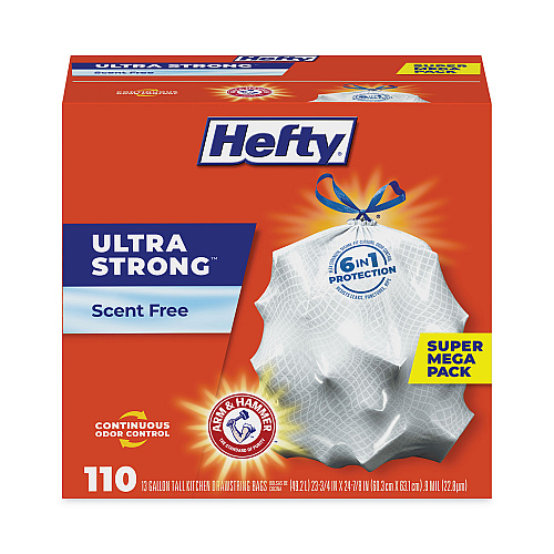 Hefty Ultra Strong Tall Kitchen Trash Bags, Drawstring, 13 gal, 23.75" x 24.88", White, 110 Bags/Box, 3 Boxes/Carton (E88368CT)