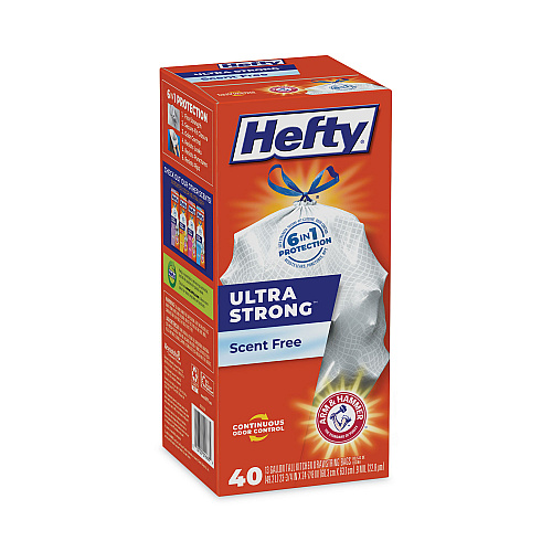 Hefty Extra Heavy-Duty Ultra Strong Tall Kitchen Trash Bags, Drawstring, 13 gal, 23.75" x 24.88", White, 40/Box (E88338)