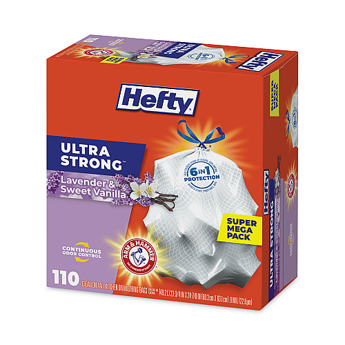 Hefty Extra Heavy-Duty Ultra Strong Scented Tall Kitchen Bags, Drawstring, 13 gal, Lavender/Vanilla, 23.75 x 24.88, White, 110/Box (E88366)