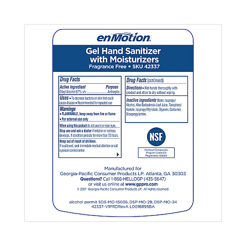 Georgia Pacific Professional enMotion Gen2 E3-Rated Gel Sanitizer Dispenser Refill, 1,000 mL Bottle, Fragrance-Free, 2/Carton (42337)