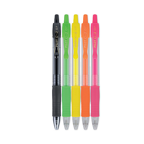 Pilot G2 Neon Gel Pen, Retractable, Fine 0.7 mm, Assorted Neon Ink and Barrel Colors, 5/Pack (14174)