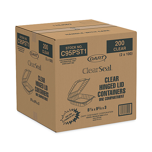 Dart ClearSeal Hinged-Lid Plastic Containers, 9.3 x 8.8 x 3, Clear, Plastic, 100/Bag, 2 Bags/Carton (C95PST1)