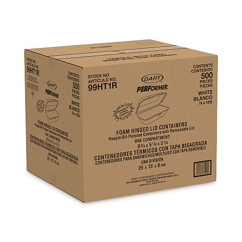 Dart Foam Hinged Lid Container, Hoagie Container with Removable Lid, 5.3 x 9.8 x 3.3, White, 125/Bag, 4 Bags/Carton (99HT1R)
