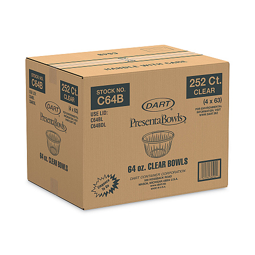 Dart PresentaBowls Clear Bowls, 64 oz, Plastic, 63/Bag, 252/Carton (C64B)