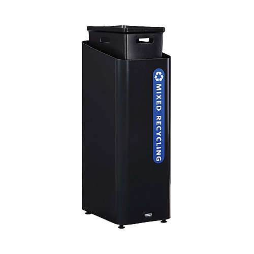 Rubbermaid Commercial Sustain Decorative Refuse with Recycling Lid, 15 gal, Metal/Plastic, Black/Blue (2078994)