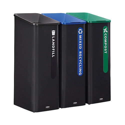 Rubbermaid Commercial Sustain Decorative Refuse with Recycling Lid, 15 gal, Metal/Plastic, Black/Blue (2078994)