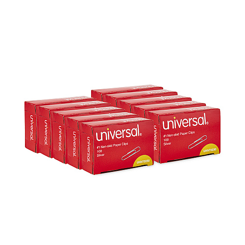 Universal Paper Clips, #1, Nonskid, Silver, 100 Clips/Box, 10 Boxes/Pack (UNV72230)