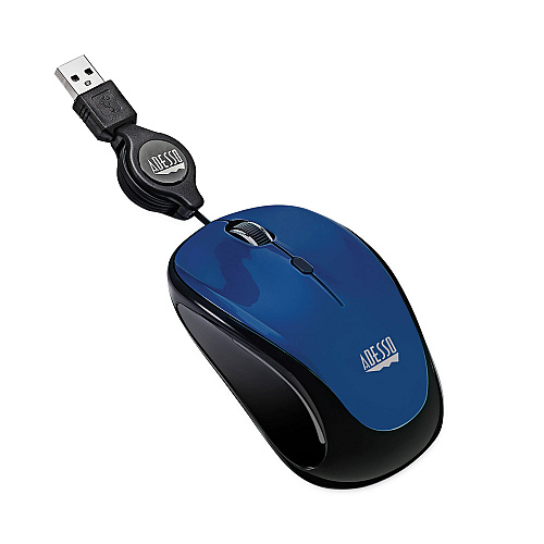 Adesso Illuminated Retractable Mouse, USB 2.0, Left/Right Hand Use, Dark Blue (IMOUSES8L)