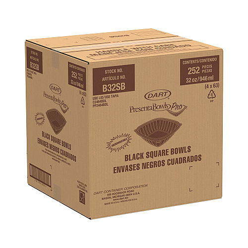 Dart PresentaBowls Pro Black Square Bowls, 32 oz, 8.5 x 8.5 x 2, Plastic, 63/Bag, 4 Bags/Carton (B32SB)