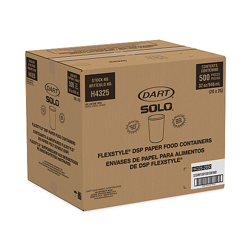 SOLO Flexstyle Double Poly Paper Containers, 32 oz, White, Paper, 25/Pack, 20 Packs/Carton (H4325U)