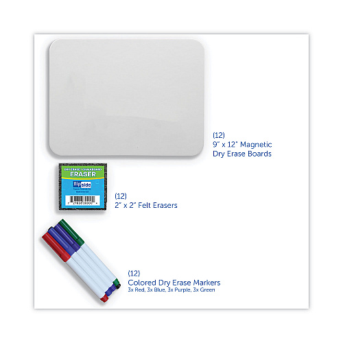 Flipside Dry Erase Board Set with Assorted Color Markers, 12 x 9, White Surface, 12/Pack (31003)