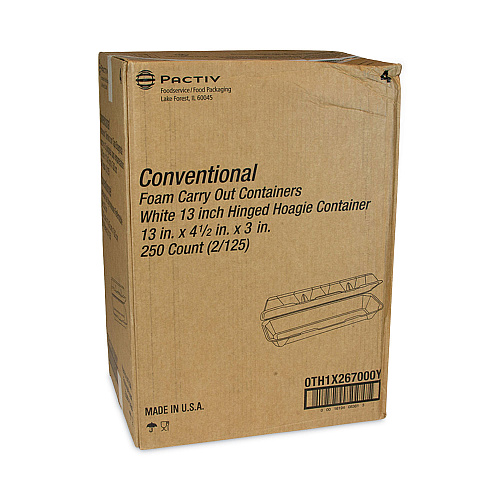 Pactiv Foam Hinged Lid Containers, Dual Tab Lock Hoagie, 13 x 4 x 4, White, 250/Carton (0TH1X267000Y)