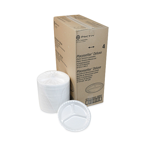 Pactiv Placesetter Deluxe Laminated Foam Dinnerware, 3-Compartment Plate, 10.25" dia, White, 540/Carton (0TK10044000Y)