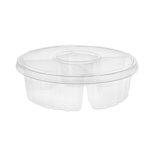 Pactiv Dip Cup Platter, 4-Compartment, 64 oz, 10" Diameter, Clear, Plastic, 100/Carton (1064DP4CLRL)