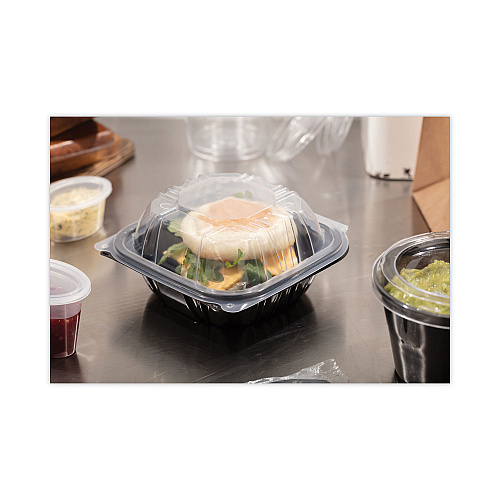 Pactiv EarthChoice Vented Dual Color Microwavable Hinged Lid Container, 1-Compartment, 16oz, 6 x 6 x 3, Black/Clear, Plastic, 321/CT (DC6610B000)
