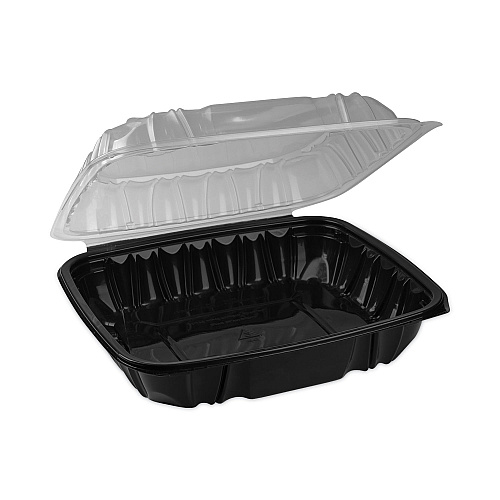 Pactiv EarthChoice Vented Dual Color Microwavable Hinged Lid Container, 1-Compartment 66oz, 10.5x9.5x3, Black/Clear, Plastic, 132/CT (DC109100B000)