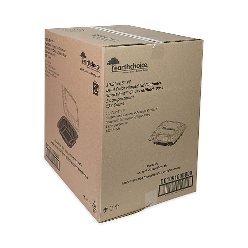 Pactiv EarthChoice Vented Dual Color Microwavable Hinged Lid Container, 1-Compartment 66oz, 10.5x9.5x3, Black/Clear, Plastic, 132/CT (DC109100B000)