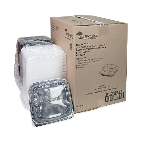 Pactiv EarthChoice Vented Dual Color Microwavable Hinged Lid Container, 1-Compartment 66oz, 10.5x9.5x3, Black/Clear, Plastic, 132/CT (DC109100B000)
