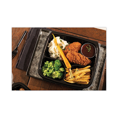 Pactiv EarthChoice Vented Dual Color Microwavable Hinged Lid Container, 3-Compartment 34oz, 10.5x9.5x3, Black/Clear, Plastic, 132/CT (DC109310B000)