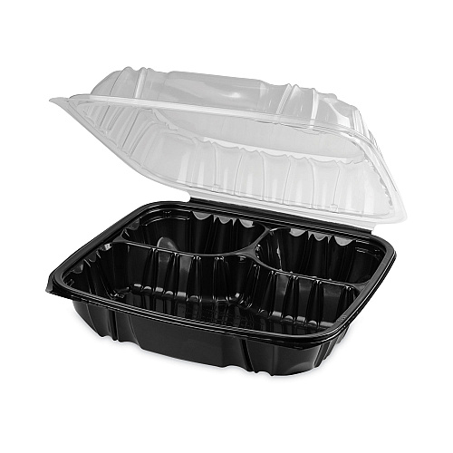 Pactiv EarthChoice Vented Dual Color Microwavable Hinged Lid Container, 3-Compartment 34oz, 10.5x9.5x3, Black/Clear, Plastic, 132/CT (DC109310B000)