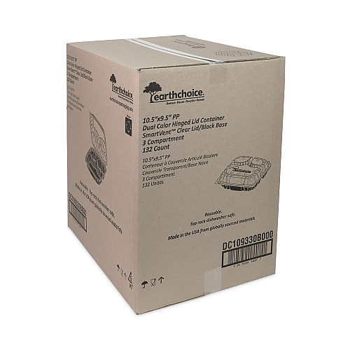 Pactiv EarthChoice Vented Dual Color Microwavable Hinged Lid Container, 3-Comp Base/Lid, 34 oz, 10.5x9.5x3, Blk/Clr, Plastic, 132/CT (DC109330B000)