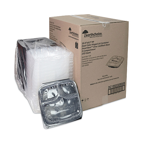 Pactiv EarthChoice Vented Dual Color Microwavable Hinged Lid Container, 3-Comp Base/Lid, 34 oz, 10.5x9.5x3, Blk/Clr, Plastic, 132/CT (DC109330B000)